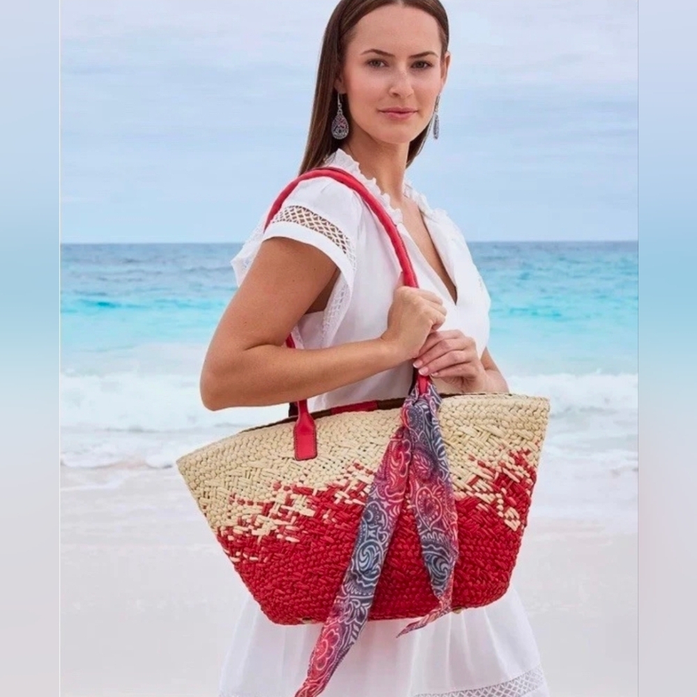 Patricia Nash Calypso Woven Straw/Leather Tote W/Scarf: Passion/Natural - Picture 2 of 11